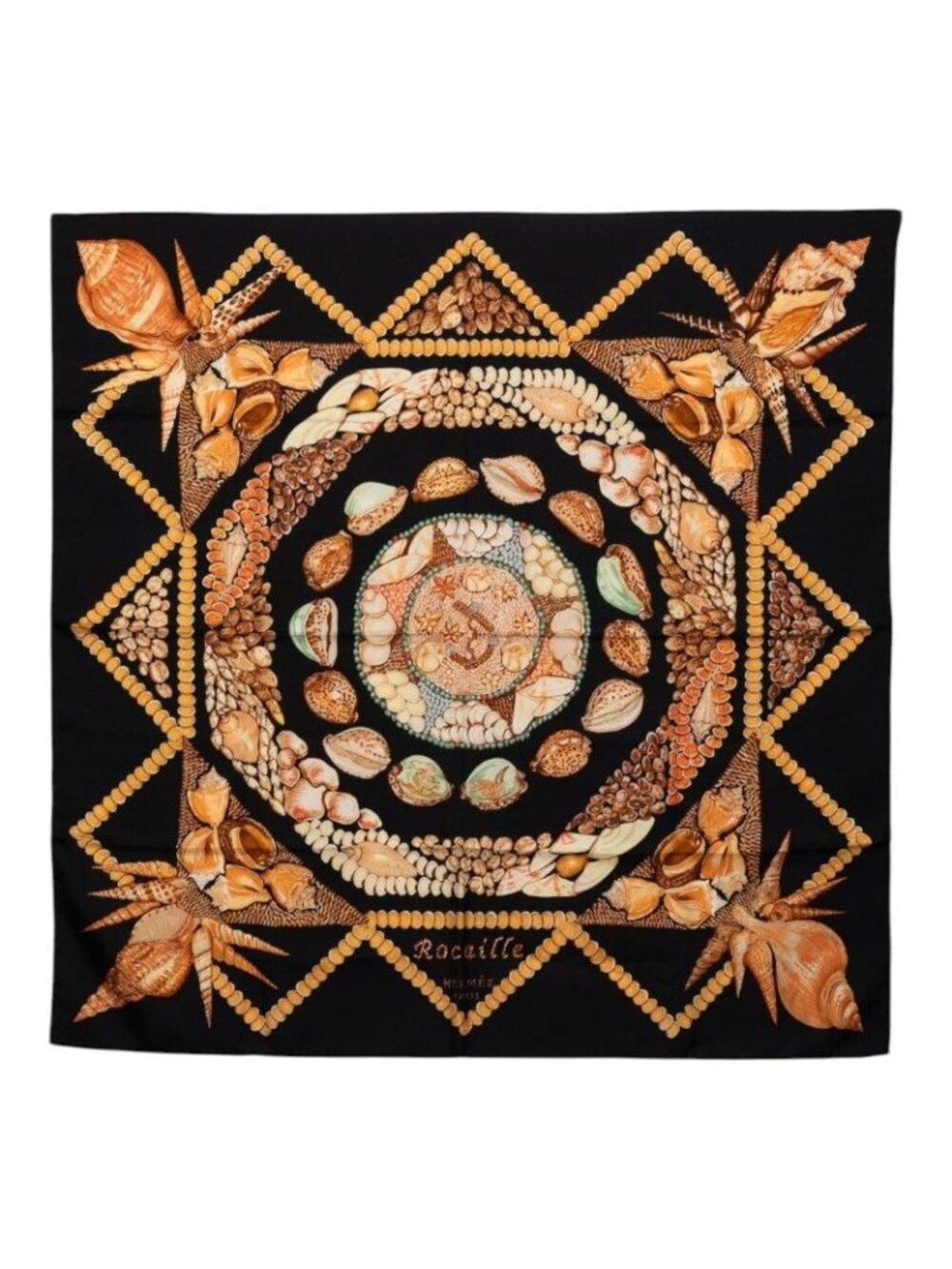 Hermes Carre 90 Rocaille Seashell Scarf Large Black Multicolor Silk